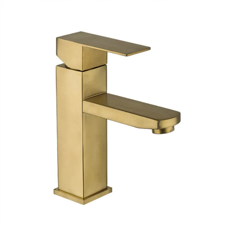

Смеситель для раковины из нержавеющей стали 304 без содержания свинца, квадратный Матовый Золотой смеситель для раковины, смеситель для горячей и холодной воды кран для раковины с одним отверстием