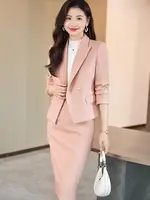 Winter Solid Woolen Businesss Slim Formal Office Lady Blazer Tops + Zipper Midi Split Skirt Women 2pcs Sets Elegant Quality Suit 1