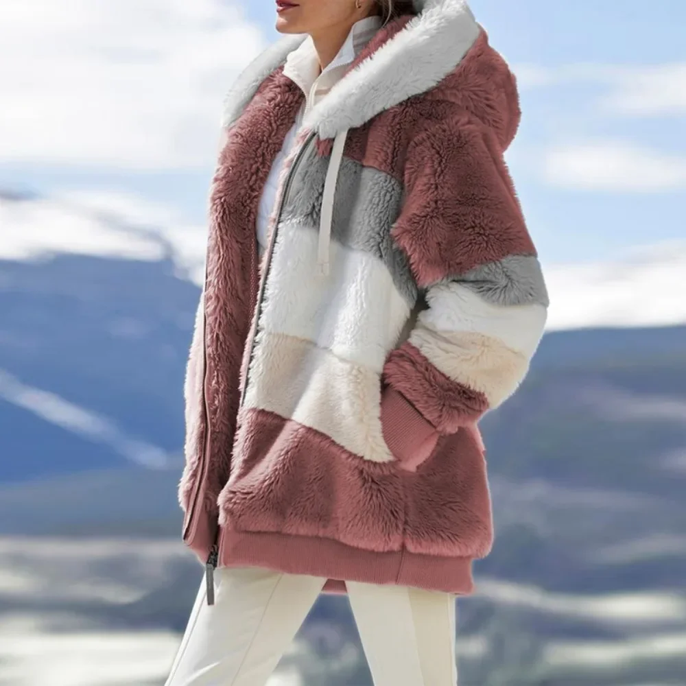 Winter Fashion Women's Coat 2024 Hooded Zipper Ladies Jacket Spliced Thick Cashmere Women Jacket Stitching Plaid Ladies Coats 4