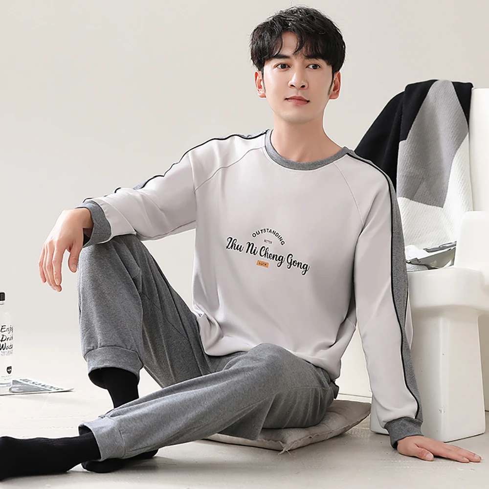 M-4XL 100% Cotton Pajamas for Men Casual Sleepwear Patchwork Men's Sleepwear Suit Breathable Pijamas Spring Autumn Pyjama Homme