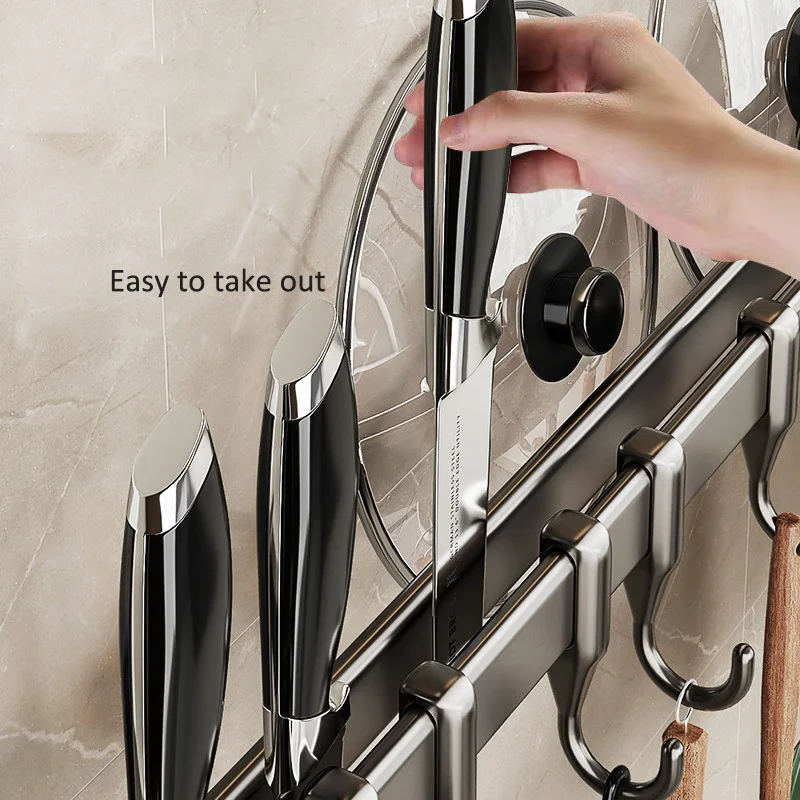 Kitchen Storage Rack Non-perforated shelves Wall Mounted with Movable hook Spoon Holder Organizer Kitchen Utensil Accessories 3