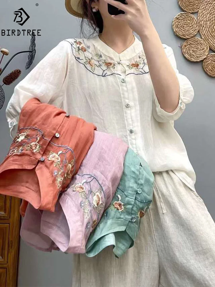 

Новинка, летняя хлопковая рубашка с рукавом 3/4, топы с воротником-стойкой и цветочной вышивкой, повседневная Милая Свободная блузка Mori Girl, осень 2024, T46703QM