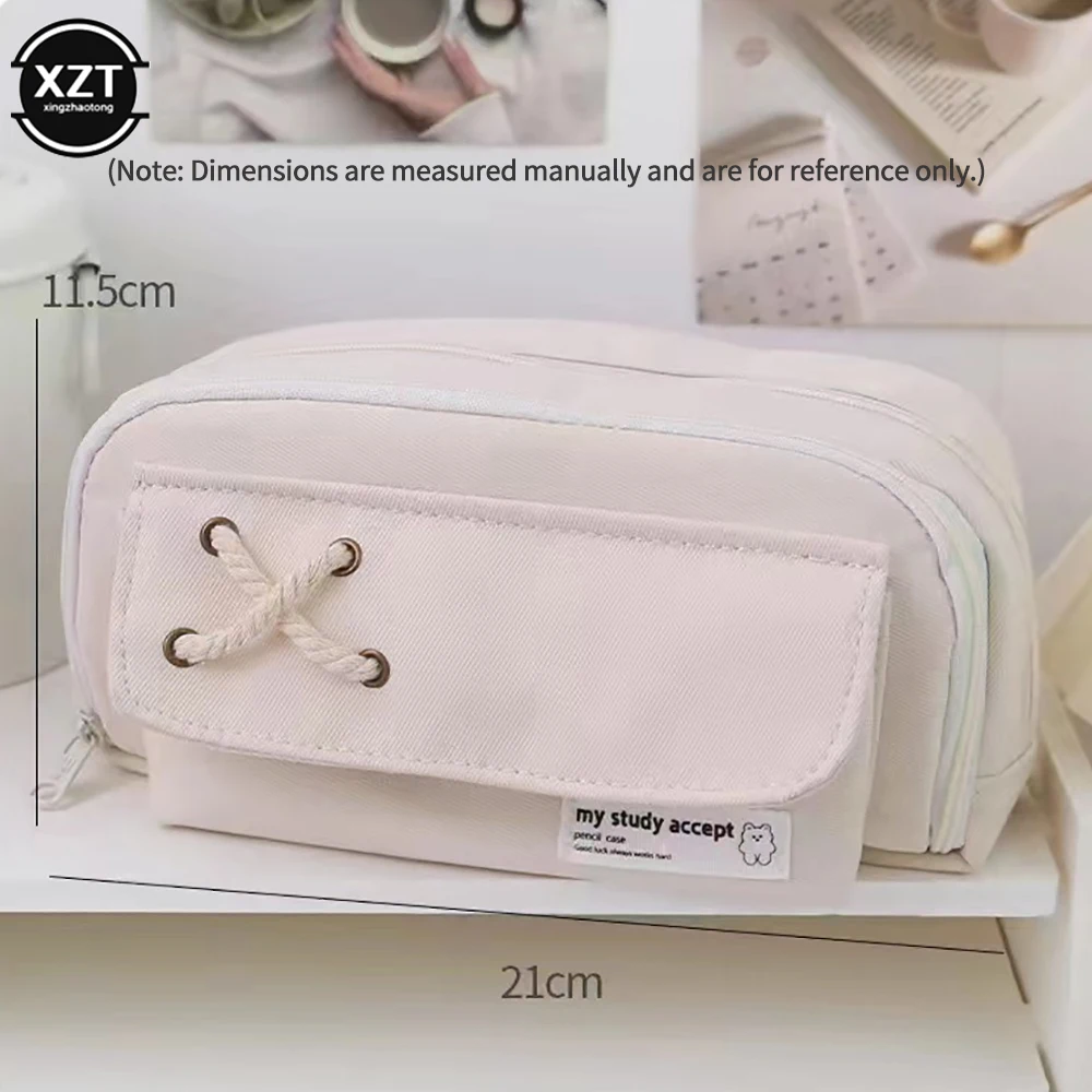 Large Capacity Pencil Bag Stationery Holder Box Aesthetic Canvas Pen Case Three-layer Zipper Pencil Pouch School Supplies