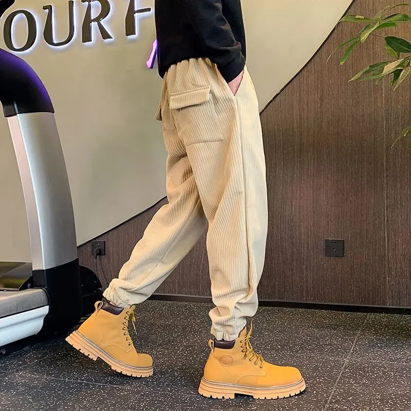 Autumn Winter Solid Color Fashion Elastic Waist Ankle Length Pants Man High Street Casual Thicken Warm Pockets Haren Trousers