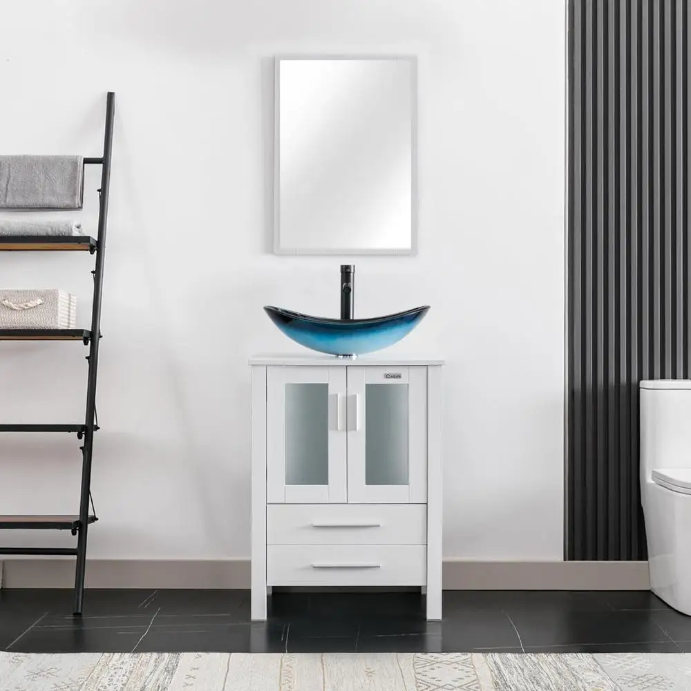 White Stand Cabinet Bathroom Vanity Sink Combo with Blue Boat Glass Vessel Sink & Water-Save Faucet Spacious Storage 2