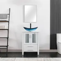 White Stand Cabinet Bathroom Vanity Sink Combo with Blue Boat Glass Vessel Sink & Water-Save Faucet Spacious Storage 2
