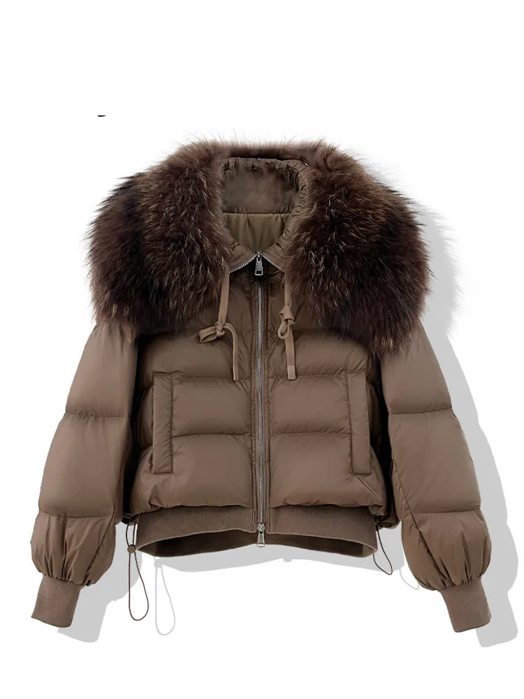 

Winter Down Jacket Women Large Real Raccoon Fur Collar Short Female Parkas Thick Warm 90% Duck Down Coat Loose