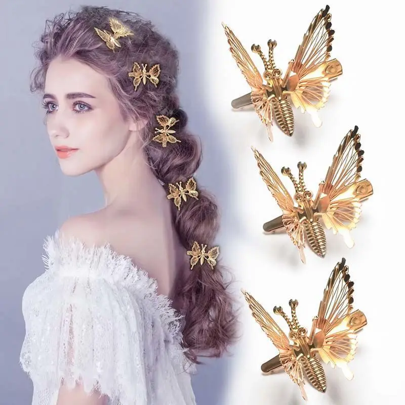 10PCS Moving Butterfly Tassel Hairpin Girl Retro Sweet Fairy Hairclips Side Clip Golden Headgear Creative Headwear Casual Jewelr