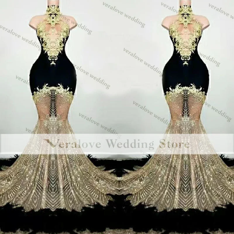 

Sparkly Sexy Black Mermaid Prom Dresses 2022 Appliques Feathers Beads Crystal Birthday Party Dress Evening Gowns Robe De Bal