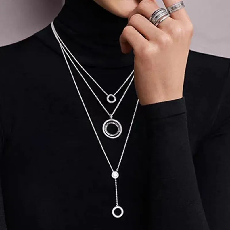 Women's Classic Necklace 925 Silver Original Logo Pav é Collar Chain Sparkling Double Ring Pendant Collar Chain DIY Jewelry Gift