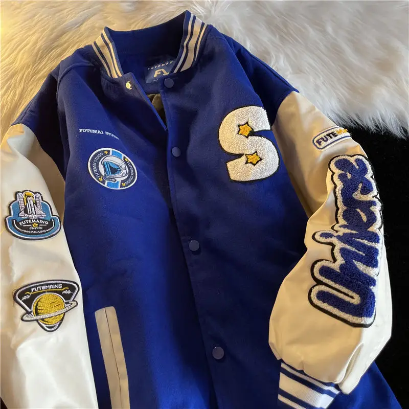 

Flocking Baseball Coat Women High Quality Wool Fabric American Trend Campus Lovers Loose Coat 2023 Spring Autumn New Coat Women