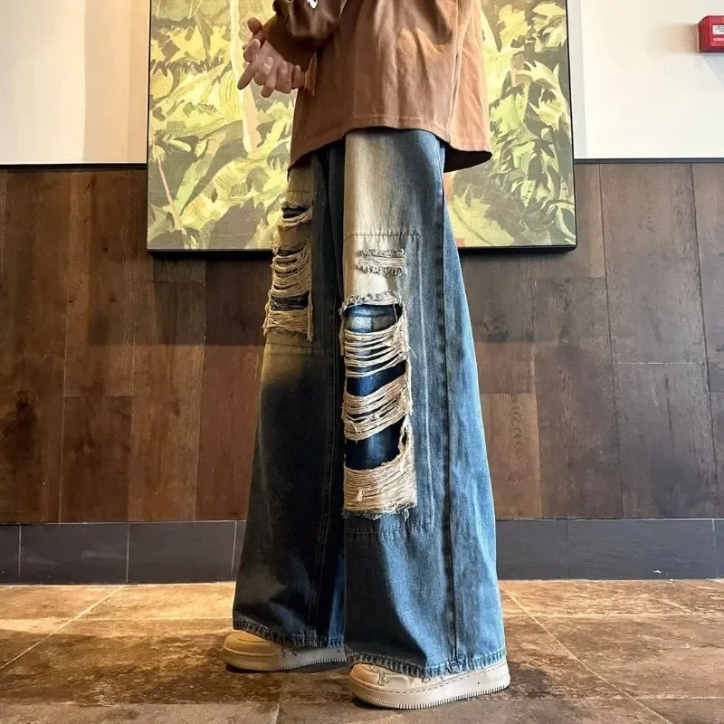 American High Street Style Retro Distressed Jeans Washed and Distressed Wide Leg Loose Leg Straight Leg Pants