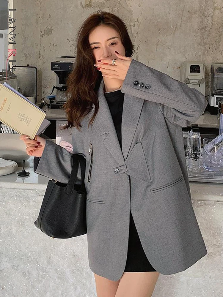 

LANMREM Zipper Patchwork Button Blazer For Women Solid Color Long Sleeve Loose Pockets Coat Female Fashion 2024 Spring 2N746