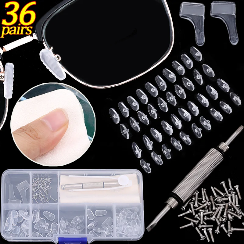 New Eyeglasses Nose Pads Set with Screwdriver Soft Oval Silicone Anti-slip Ear Hook Nose Pad Screw Glass Replacement Repair Tool