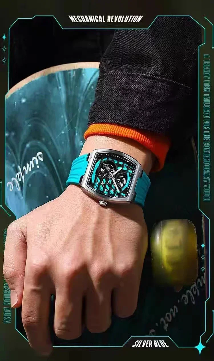 2025 AILANG Marken-Herrenuhr mit Tonneau-Gehäuse, Automatik-Mechanik, Skelett-Design, Wasserdicht, Leuchtend, Silikonarmband – Detail 3