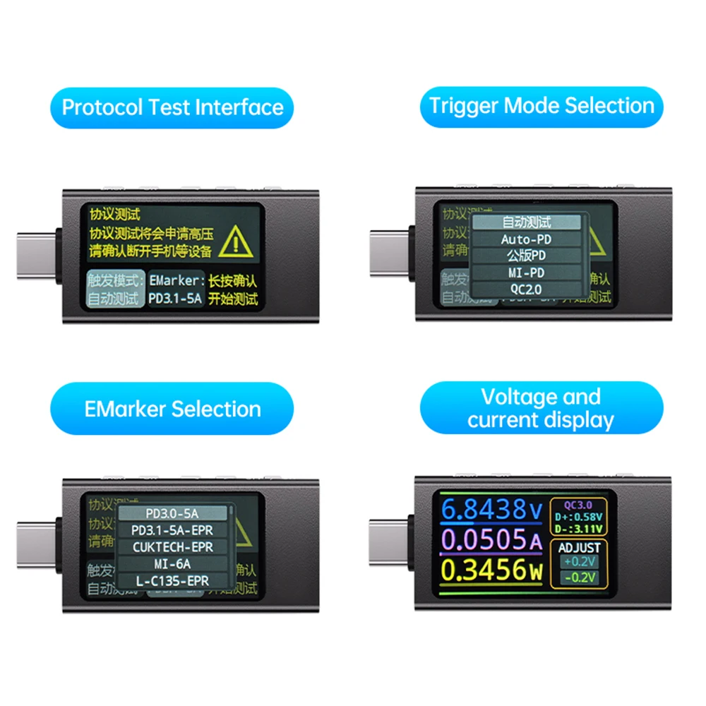USB 테스터 전압계 전류계 TYPE-C 고속 충전 감지 트리거 용량 테스터 리플 측정 감지기 4V-30V 0V-12A