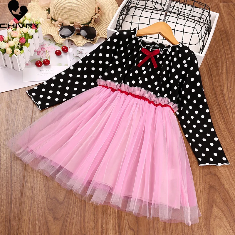 

Spring Autumn 2022 Girls Dresses Kids Baby Girls Dot Print Long Sleeve O-Neck Dress Fashion Gauze Patchwork Princess Dresses