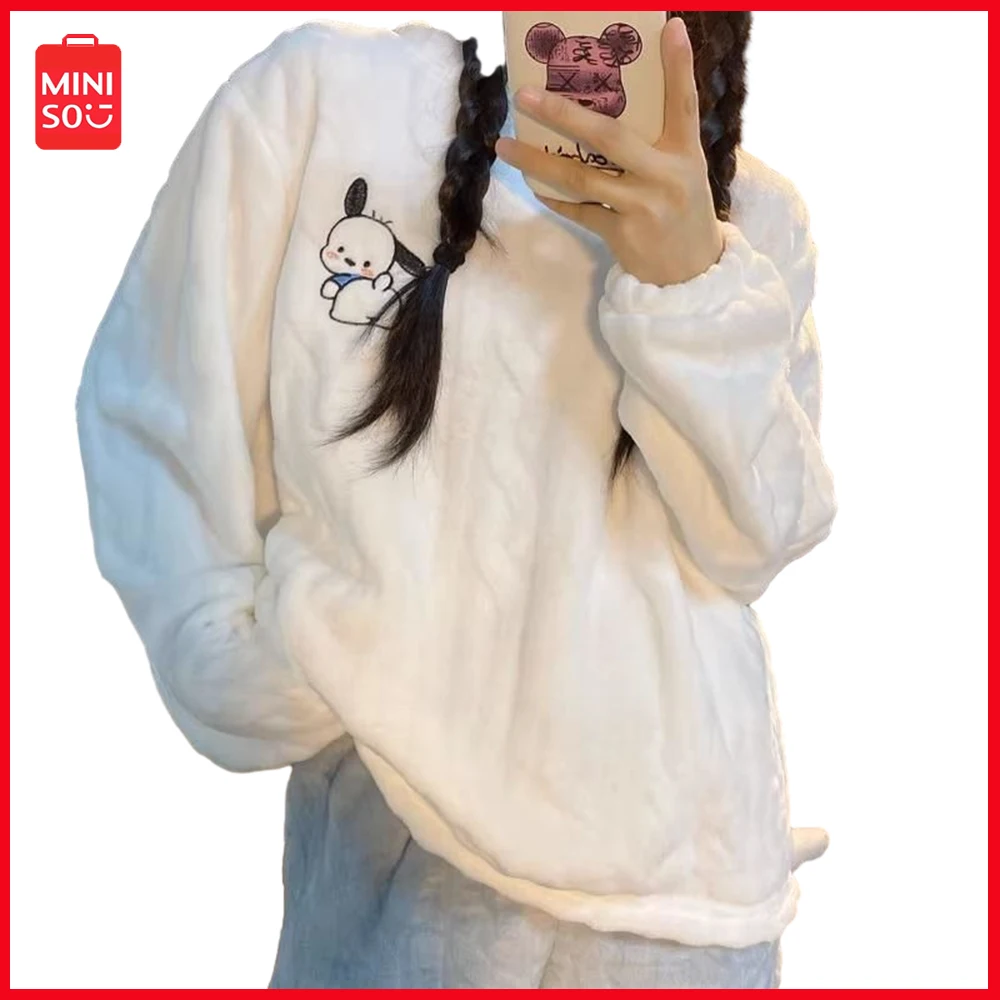 

Miniso Sanrio понравико мультфильм аниме Корейская версия женская Коралловая бархатная пижама с длинным рукавом фланелевый утепленный домашний пижамный комплект