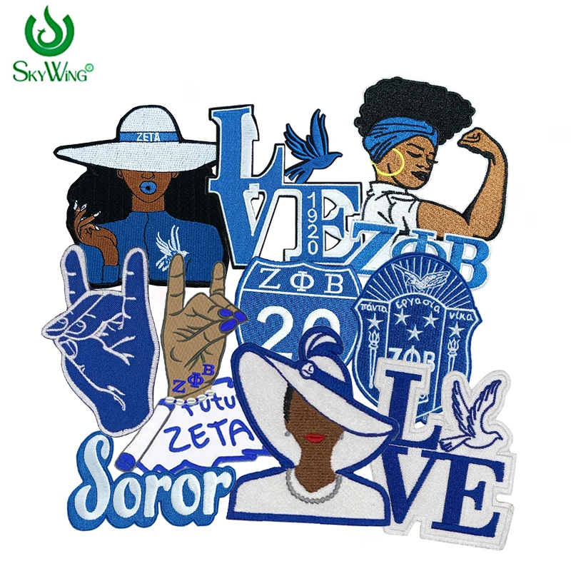 Serises Stock Blue & White Ricamo Sorority Zeta Phi Beta 1920 Soror Zeta Crest Round Zeta Hand Sign Toppa In Ferro Per Giacche