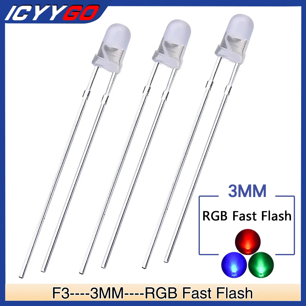 

ICYYGO 100pcs 3mm LED Diode 0.1W 2V 3V 2P Ultra Bright RGB Fast Flash Plug-in Led Red Green Blue lamp Beads