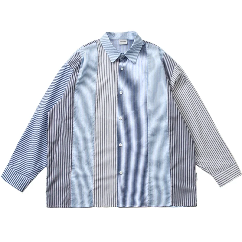 

Japanese Loose Edition Stripe Contrast Stitched Long Sleeve Men Shirt Cityboy Blue Casual Turn-down Collar