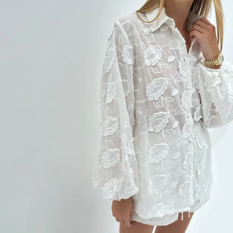 Printed See-Through Sexy Outfits Female Patchwork Cardigan Shirts And Lace-Up High Waist Shorts Sets Autumn 2 Piece-Set
