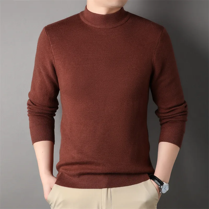 2023 New Spring Autumn Solid Color Slim Fit Men's Half Turtleneck Sweater Casual Pullover Korean Fashion Base Knitwear Top
