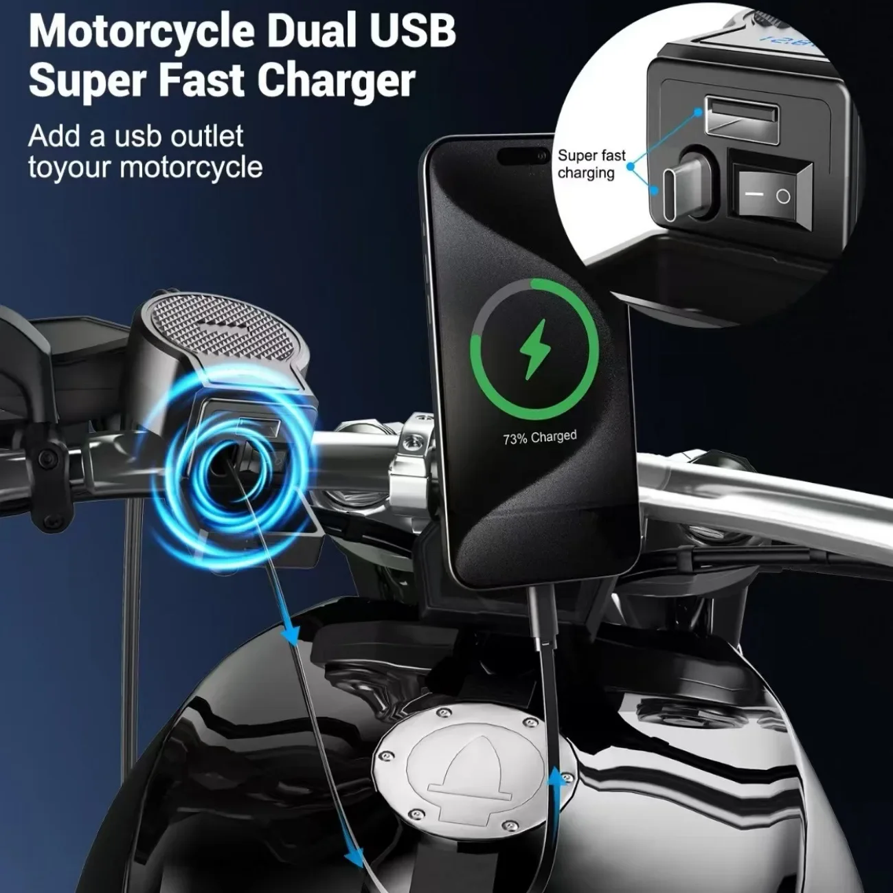 PD QC3.0 오토바이 USB 고속 휴대폰 충전기 방수 타입 C 포트 소켓 커넥터 (셀룰러 모바일 전압계 디지털 충전기 포함)