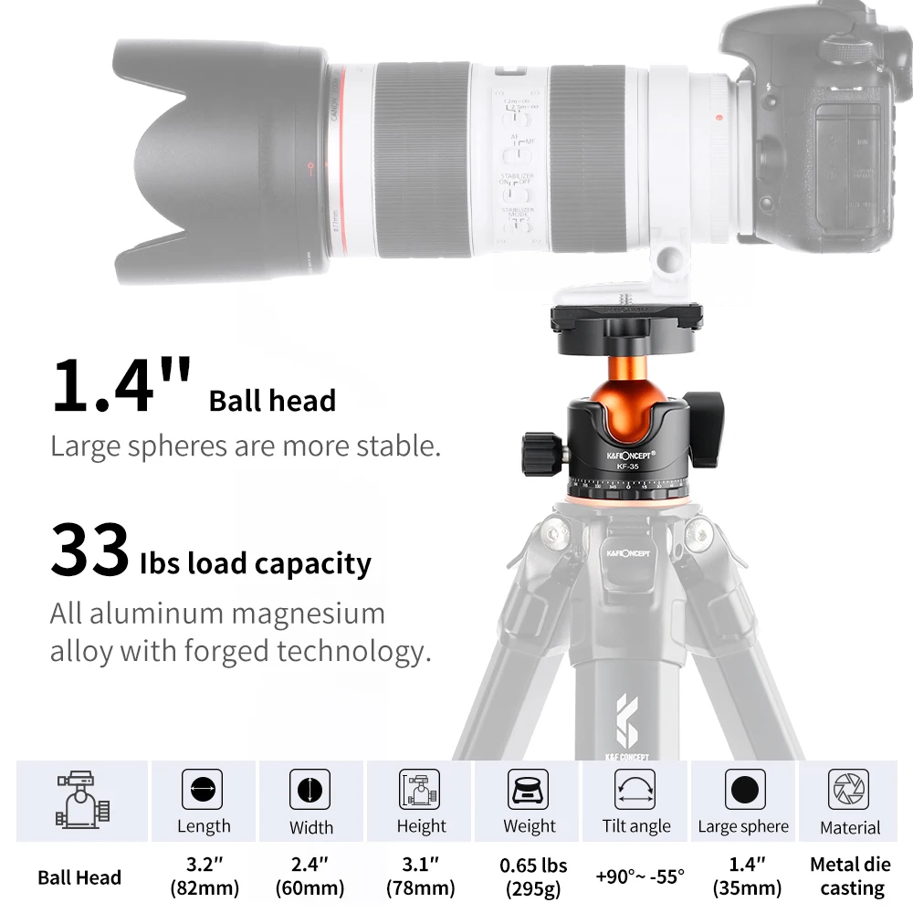 Tripod Ball Head Camera Head Adapter K&F CONCEPT BH-35L Ballhead Tripod Mount Adapter 35mm Large Ball Head Adapter QR Plate 1/4inch Aluminium Alloy 15kg Payload