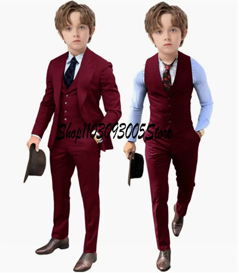 Brown Boys 3 Piece Suit Kids Wedding Tuxedo Jacket Pants Vest Formal Customized 3-16 Years Old Clothes
