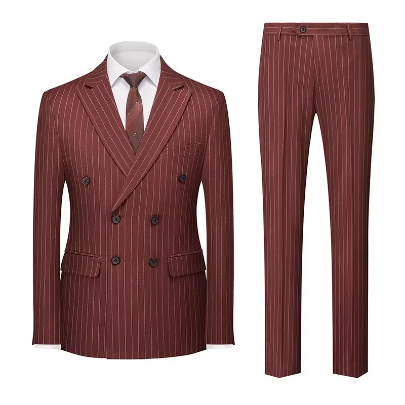 Khaki Pinstripe Men Double-Breasted Suit Two Piece, Wedding Party, Business Dress, Jacket and Pants, Blue, Red, Gray, Male Sets