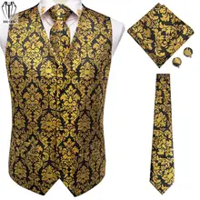 

Hi-Tie Silk Mens Vests Gold Floral Jaquard Waistcoat Tie Hankerchief Cufflinks Collar Pin Set for Men Dress Suit Wedding Work XL