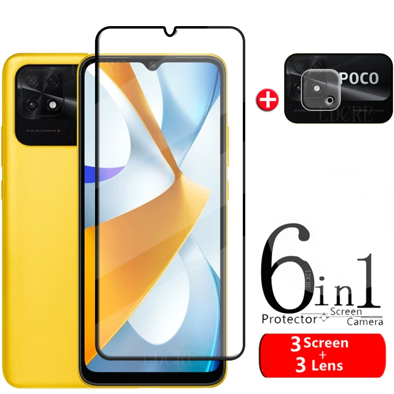 6-in-1 For Poco C40 Glass For Xiaomi Poco C40 Tempered Glass Full Cover Protective Screen Protector For Poco C 40 C40 Lens Glass
