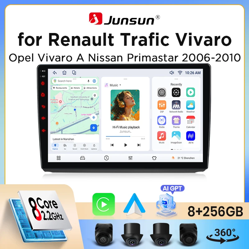 Radio para coche Junsun con CarPlay inalámbrico y Android Auto para Renault Trafic 2 / Opel Vivaro A / Vauxhall Vivaro / Nissan Primastar (X83) 2006-2014, ventilador de refrigeración integrado, GPS Android, reproductor multimedia, WiFi, DSP, RDS, BT, SWC, pantalla táctil IPS, autoradio. 1