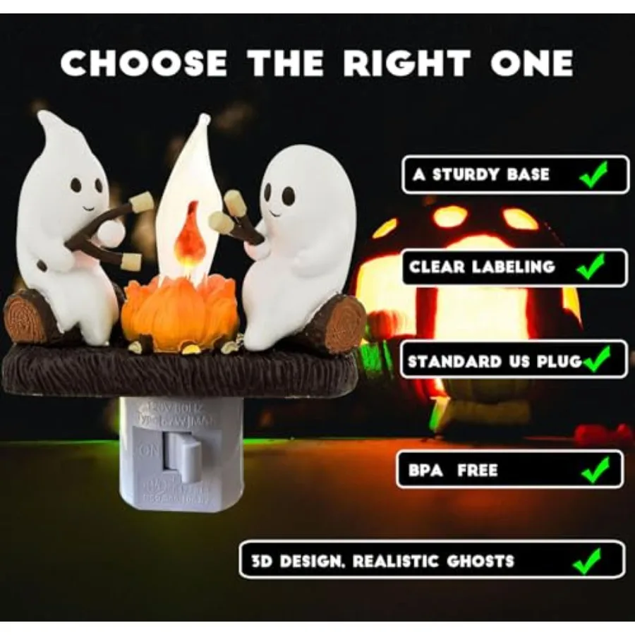 Ghost Campfire Nightlight for Halloween Decor: 3D Spooky Fire Flickering Night Light with Marshmallow Ambience Ideal for Outdoo