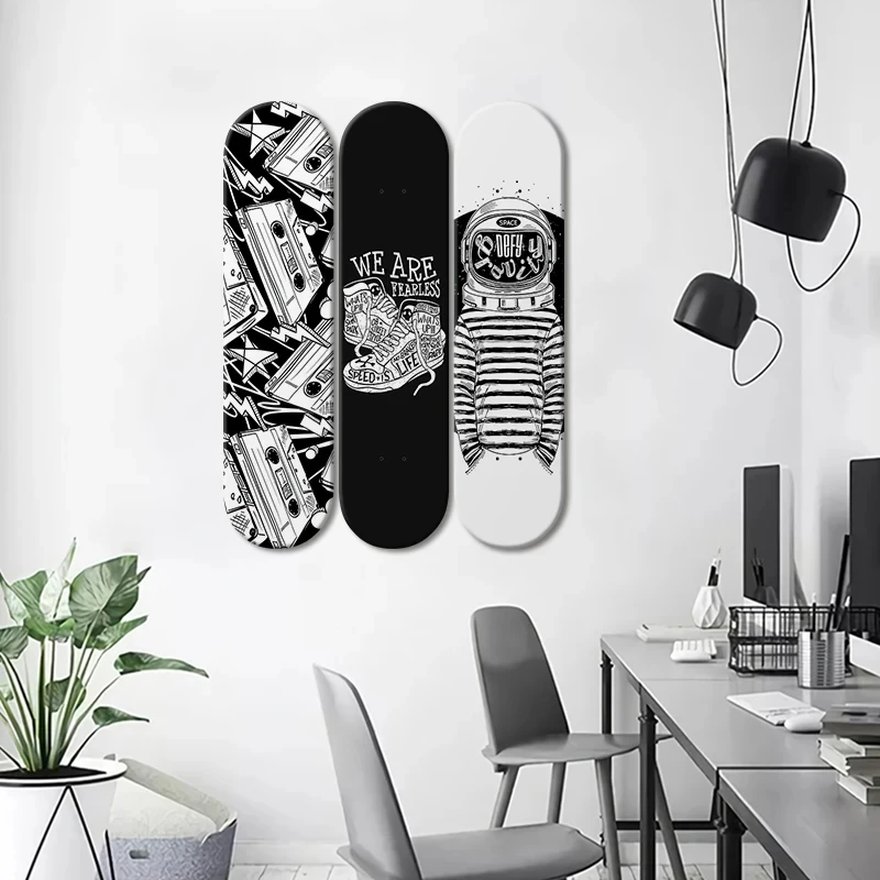 

kateboard Wall Art Black and White Mural & Skate Deck Art Wooden Panels for Club Bar