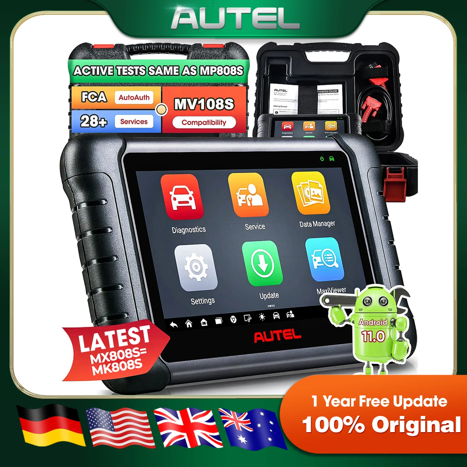 Autel MaxiCheck MX808S MK808S OBD2 Scanner Bi-directional Control Scan Tool, 28+ Services, All System Diagnostic Same as MK900 MX900 MK900BT MK808BT PRO, 3K+ Active Test, 28+ Service, OE All System, OS11, FCA