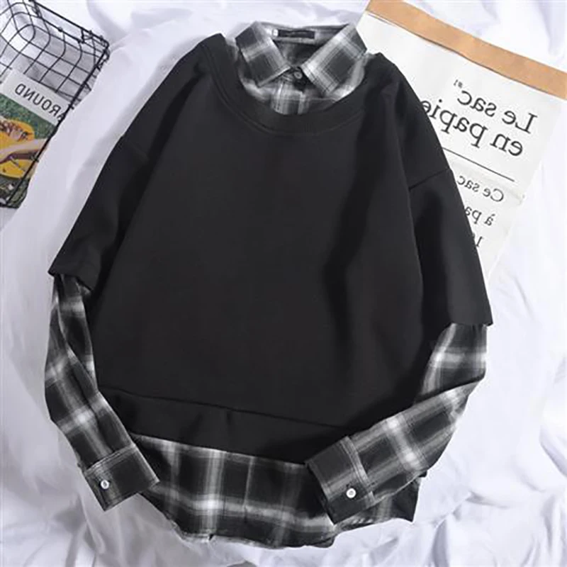 Fake Two Spliced Plaid Print Long Sleeve Men Sweatshirt Korean Fashion Casual Harajuku Oversized Couples T Shirt High Street Top