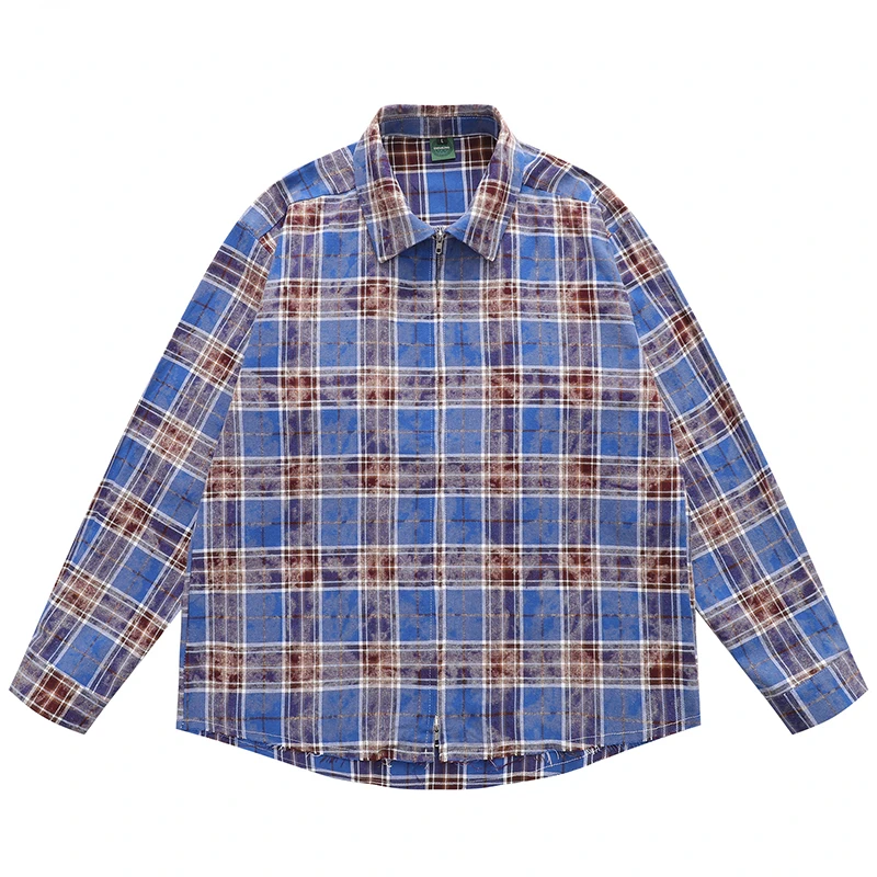 

Spring Men Oversized Plaid Long Sleeve Shirt Hip Hop Distressed Zip Up Blouse Harajuku Streetwear Casual Cotton Jackets Shirts