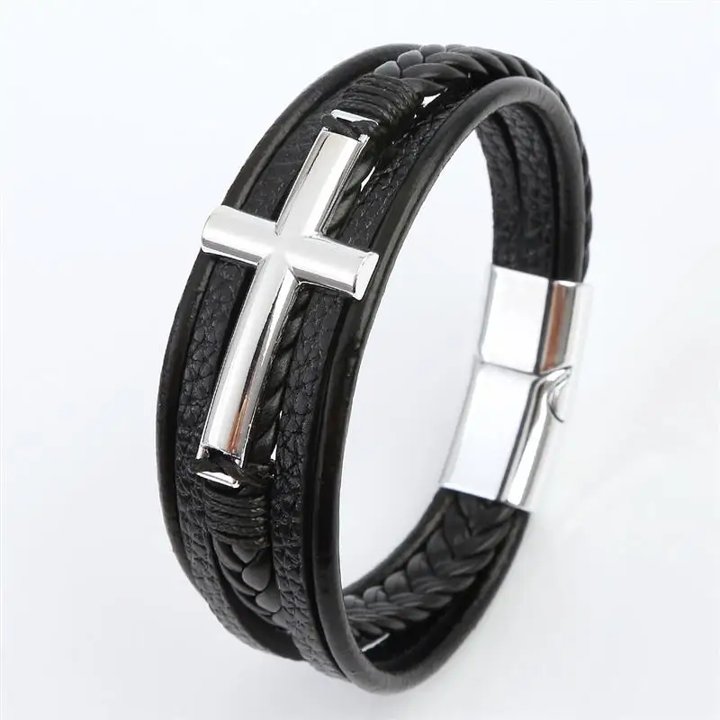 Men's Multicolor Cross Design Leather Bracelet with Classic Metal Clasp - Stylish Gift