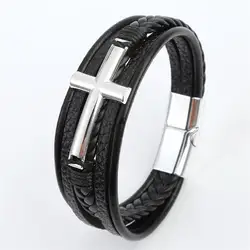 Men's Multicolor Cross Design Leather Bracelet with Classic Metal Clasp - Stylish Gift - 23cm (Black Silver)