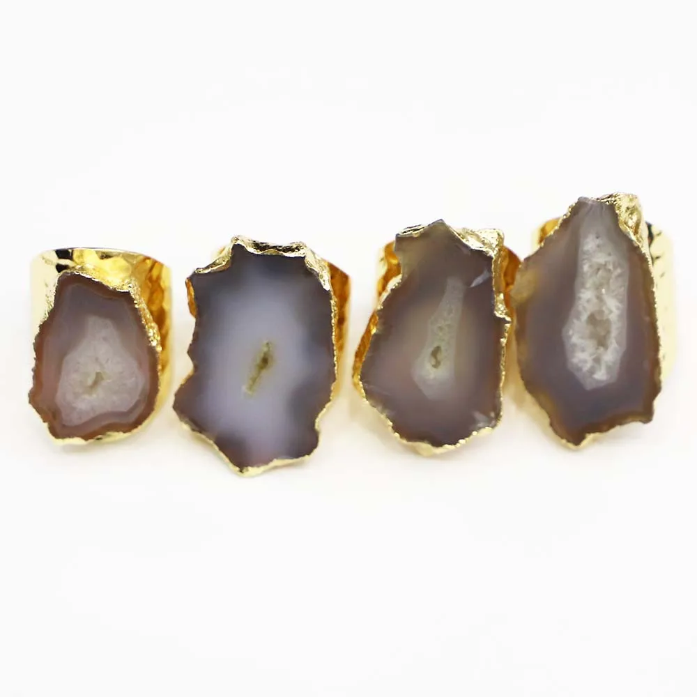 Free Shipping Natural Raw Stone Irregular Agate Ring Adjustable Gold Plated Finger Personality Fashion Jewelry Wholesale 3Pc/Lot