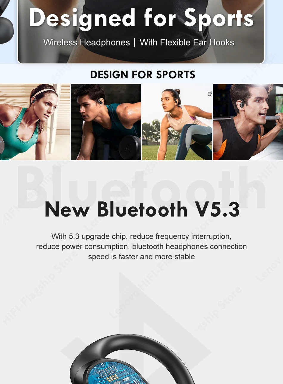 Lenovo LP75 Sports Bluetooth Earphones with Mics Bluetooth 5.3 Wireless Headphones HiFi Stereo Wireless Earbuds gaming headset