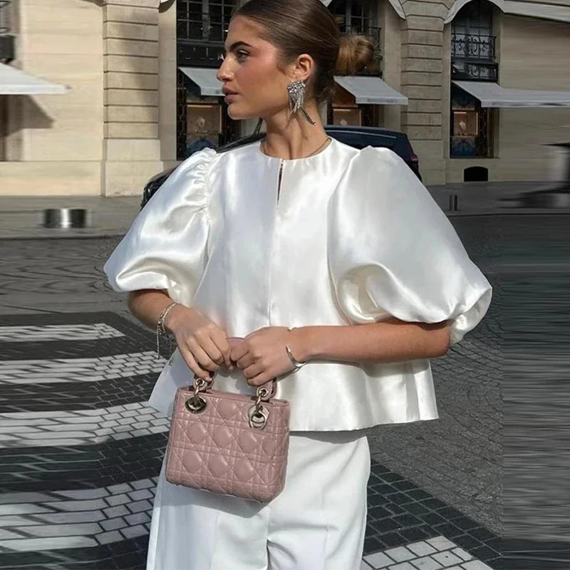 Elegant Satin Puff Short Sleeve Top Women Loose Solid Buckle O-neck Shirts Female 2025 Spring Summer Fashion Office Lady Outwear