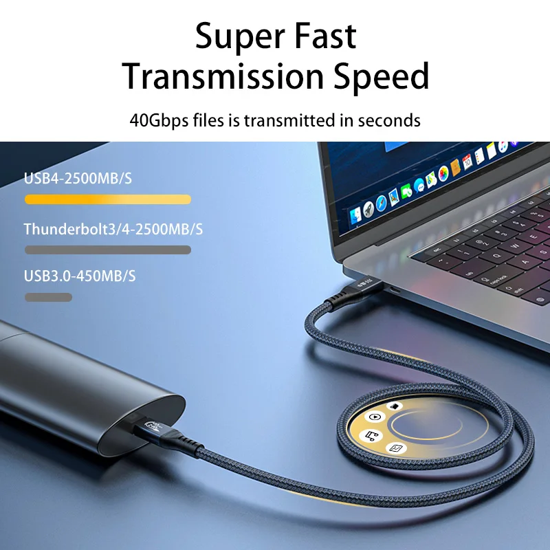 Thunderbolt-4 ̺ 40gbps 2m 3 USB 4 5A PD 100W   ̺, USB C-USB C  8K @ 60Hz HD    ڵ