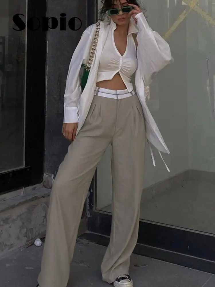 

Casual Solid Pants Woman 2023 Summer New Fashion Simple Office Length Pants Female High Waist Pocket Loose Straight Trousers