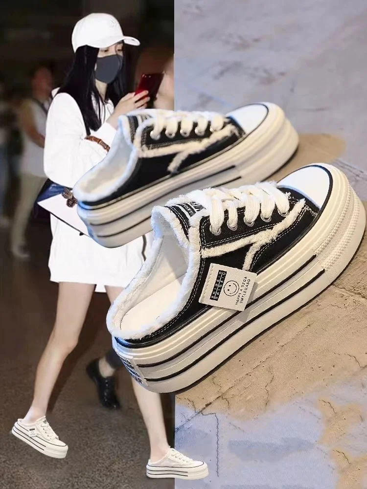 

Baotou slippers for women to wear in summer, new canvas shoes with no heel, versatile, lazy half drag thick soles platform shoes