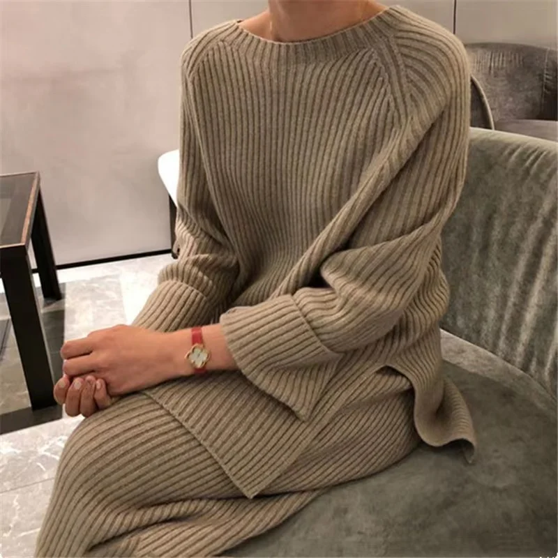 2023 Autumn Winter Knitted Sweater Two-Piece Set Women Turtleneck Top Warm Thick Pants Suits Female Casual Pullover Tracksuits