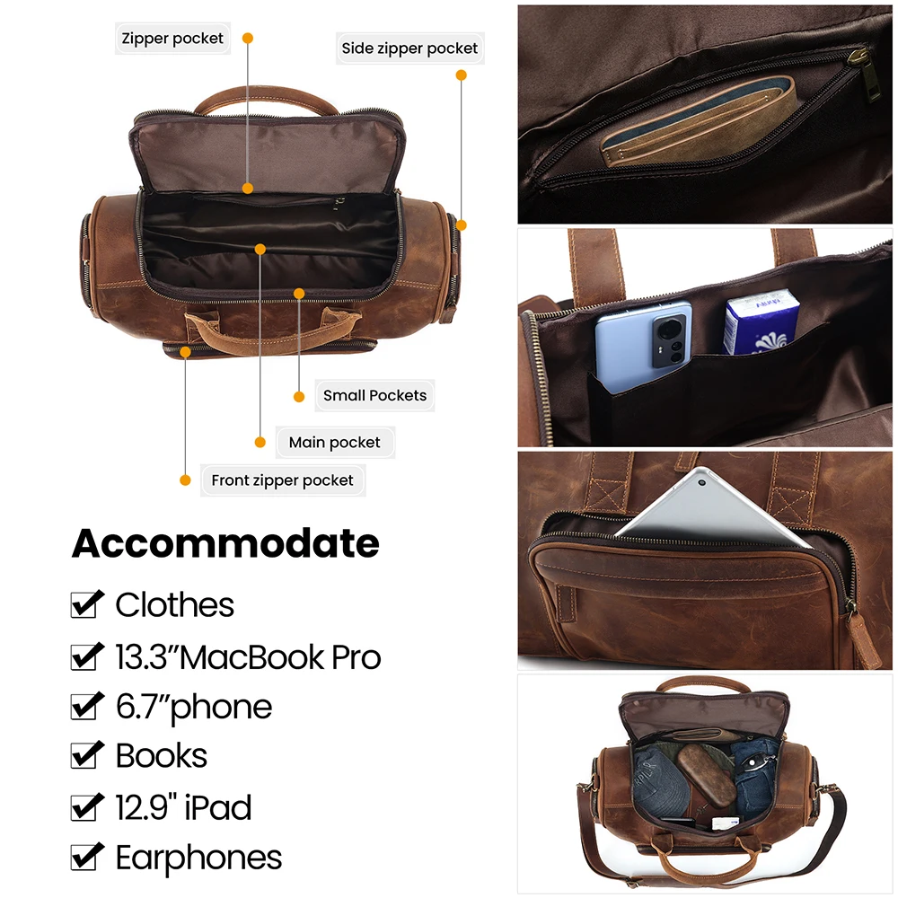 JOYIR Travel Duffel Bag Crazy Horse Leather Weekender Bag Vintage Carry on Overnight Bag Sports Duffel Shoulder Bag for Men