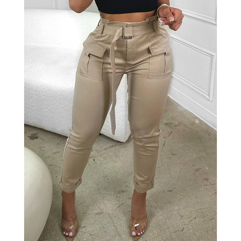 CHICME Women High Waist Pocket Design Cargo Pants With Belt 2023 Sexy Femme High Waist Skinny Trousers y2k Office Lady traf
